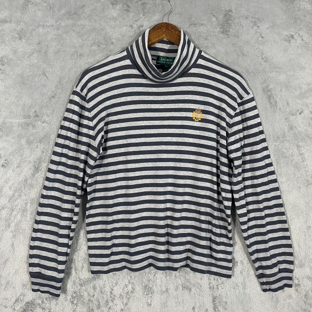 Lauren Ralph Lauren Turtleneck Sz L Grey Striped Crest Logo Cotton Parisian Chic